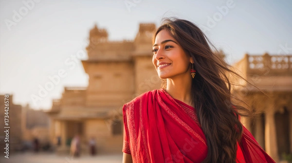 Fototapeta A graceful Indian woman in a traditional red saree standing in front of an ancient sandstone palace.