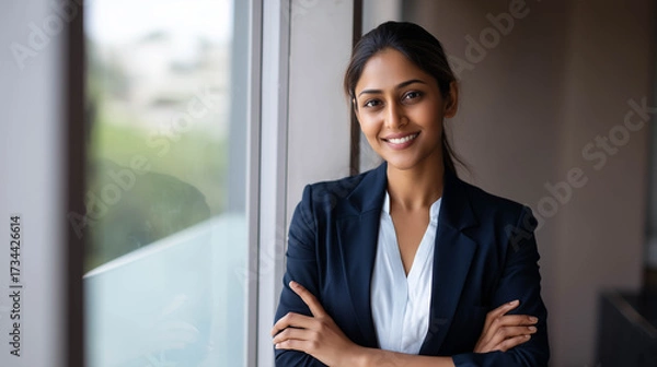 Fototapeta Portrait of a confident Indian businesswoman in a modern office setting, wearing a tailored blazer and smiling with arms crossed.