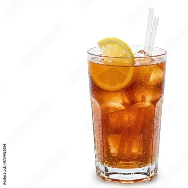 Fototapeta Refreshing iced tea in tall glass with lemon slice and ice cubes, condensation on glass surface, summer beverage isolated on white background, cool drink for cafe or restaurant menus