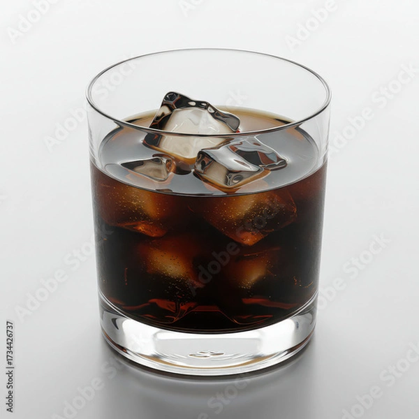 Fototapeta Glass of chilled cola with ice cubes, classic carbonated soft drink served cold, refreshing beverage for fast food menus, casual dining, advertising, or thirst-quenching drink concept