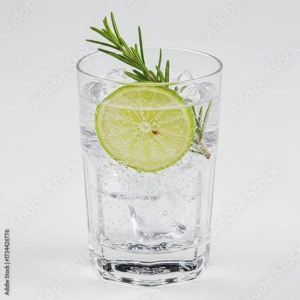 Fototapeta Refreshing sparkling water with lime slice and rosemary garnish in tall glass, healthy detox drink with ice cubes, clean and fresh concept for wellness, spa, diet, or modern bar design