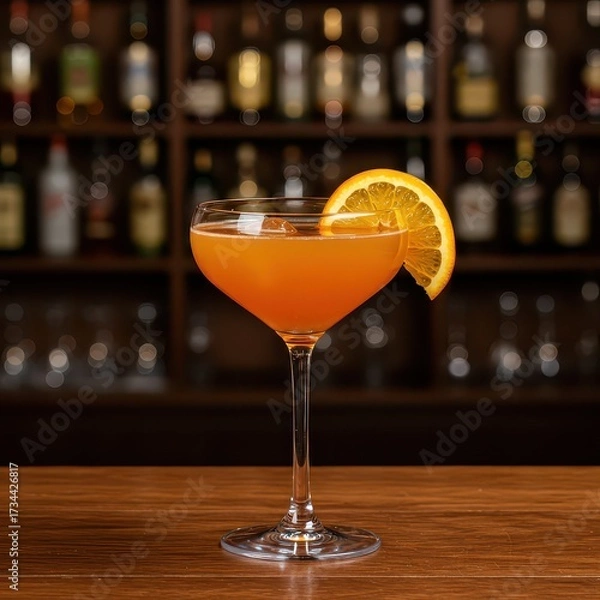 Fototapeta Orange cocktail with citrus slice garnish served in coupe glass, elegant bar drink with vibrant color for summer parties, classic bar menus, or stylish alcoholic beverage promotion