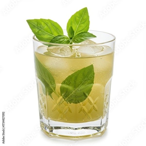 Fototapeta Green basil cocktail with fresh leaves and ice cubes in lowball glass, herbal fizzy drink for gourmet menus, health-conscious bar concepts, or summer mixology content