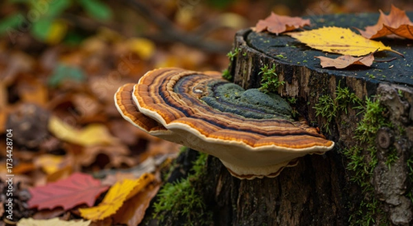 Fototapeta Colorful mushroom growing on tree stump surrounded by autumn leaves  