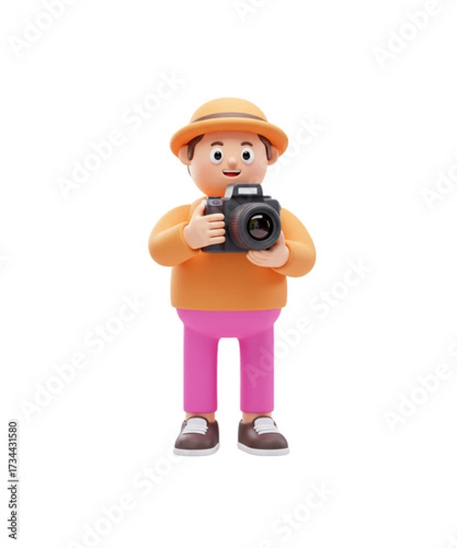 Obraz A cute 3D cartoon character of a photographer or tourist holding a professional camera