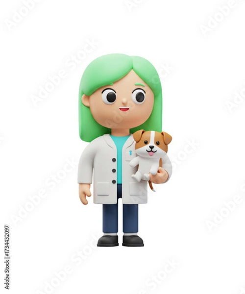 Fototapeta 3D illustration of a friendly veterinarian holding a small, happy dog