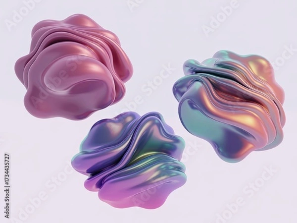 Fototapeta Shimmering Iridescent 3D Abstract Organic Forms with Fluid Metallic Sheen.