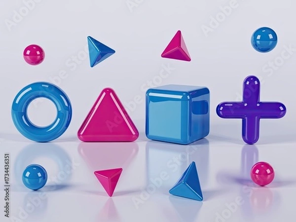 Fototapeta Vibrant Blue  Magenta 3D Geometric Shapes with Reflections on Glossy White Surface.