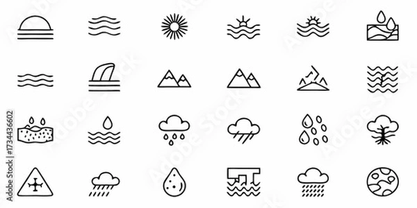 Fototapeta Collection of hand-drawn nature and weather icons representing sun, waves, mountains, rain, clouds, water drops, land, and earth for environmental concepts and design projects.