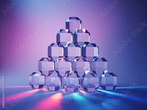 Fototapeta Vibrant Crystal Pyramid Stacked with Geometric Blocks, Illuminated by Neon Purple and Blue Light.
