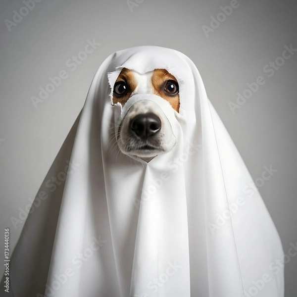 Fototapeta Spooky Halloween Spirit: Adorable Dog Ghost Costume for Festive Fun and Social Media Campaigns