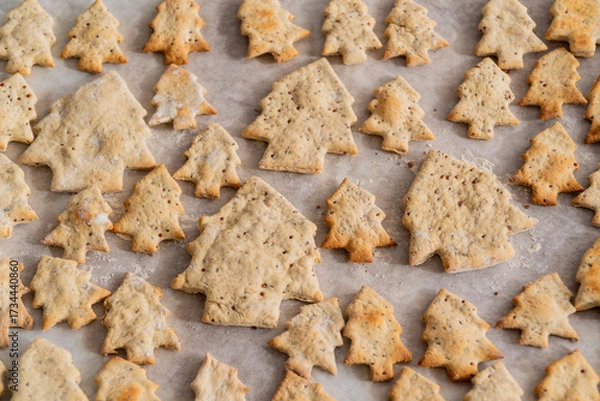 Fototapeta Homemade Christmas tree cookies flatlay pattern background