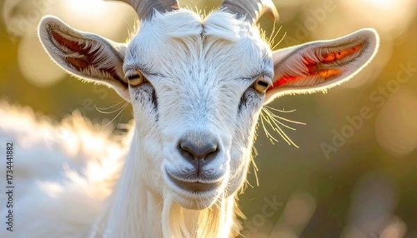 Fototapeta Close Up Portrait of White Goat with Curving Horns in Golden Light