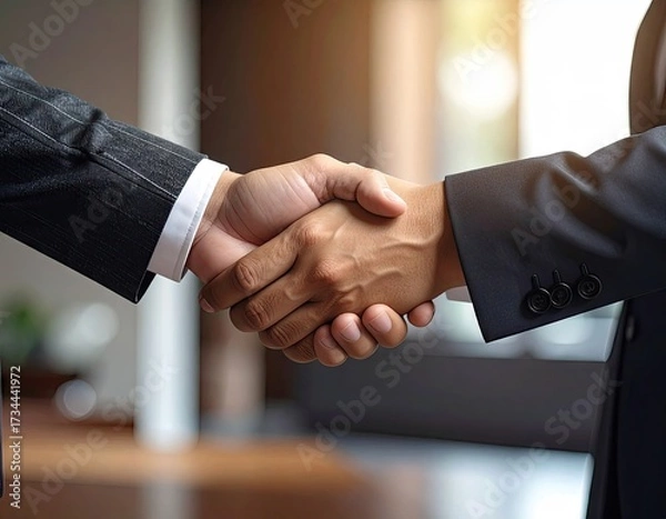 Fototapeta Close Up Shot of a Handshake Between Two Individuals Wearing Black Suits In a Blurred Background with Soft Lighting Business Concept
