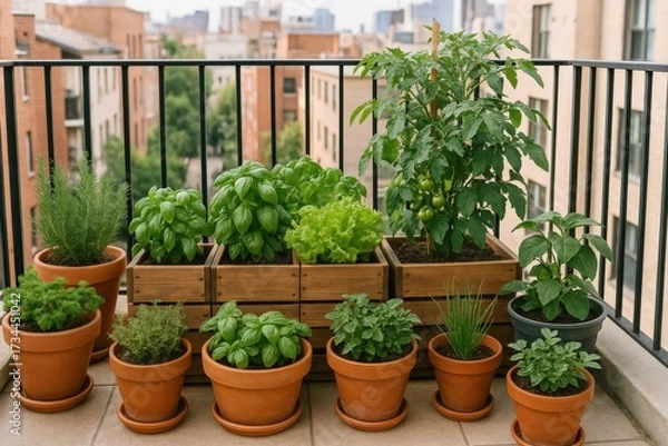 Fototapeta Container garden flourishing on an apartment balcony with various herbs and vegetables overlooking the city skyline