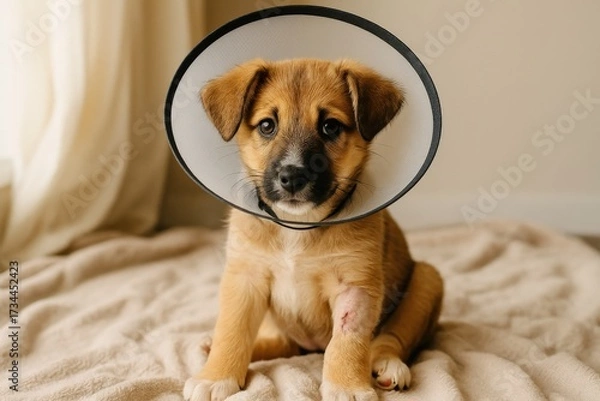 Fototapeta Cute puppy recovering with a protective collar at home, showcasing affection and resilience during its healing process