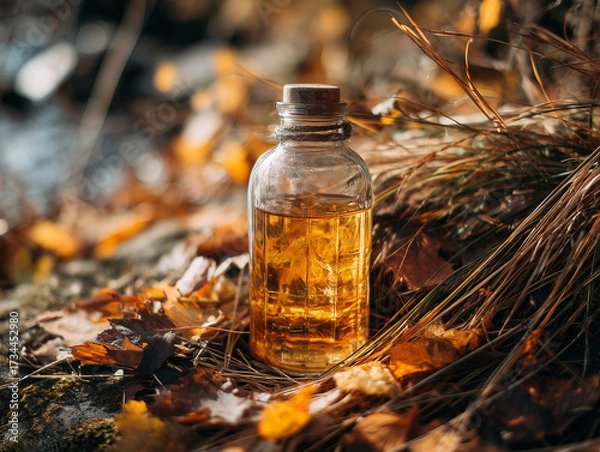 Obraz Glass bottle of birch sap surrounded by dry autumn grasses and leaves. Rustic seasonal still life