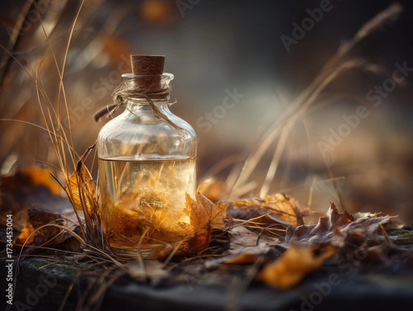 Obraz Glass bottle of birch sap surrounded by dry autumn grasses and leaves. Rustic seasonal still life