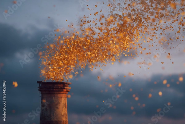 Obraz Old chimney with smoke shaped like golden autumn leaves. Surreal seasonal autumn concept with cinematic atmosphere.