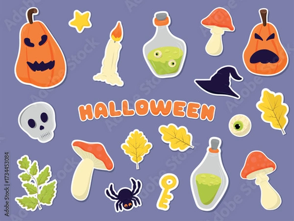 Fototapeta A bright set of cartoon Halloween themed stickers. It includes pumpkins, a skull, potions, a hat, a spider and other traditional symbols. Perfect for designs, postcards, web graphics, and Halloween st