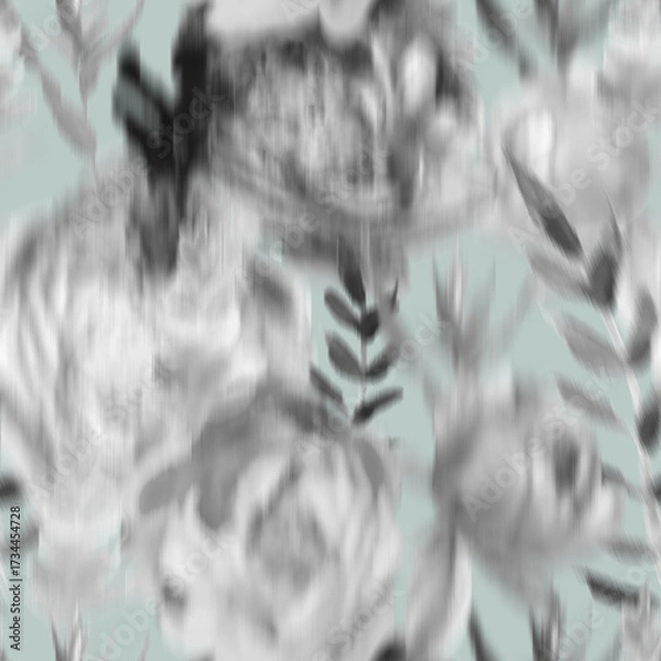 Fototapeta Seamless watercolor pattern with blurred black and white botanical elements. High quality photo