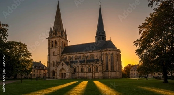 Fototapeta Spectacular architectural view of Lessay Abbey with long shadows at sunset Normandy