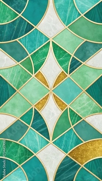 Fototapeta Intricate geometric pattern with flowing emerald green and teal stained glass segments and gold accents