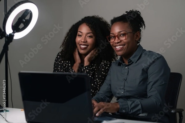Fototapeta Confident creators illuminated by ring light stream together with engaging online audience