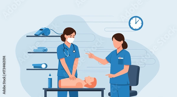 Obraz Illustration depicting medical training simulation with nurses performing CPR on a mannequin in a