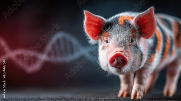 Fototapeta Genetic Innovation: A close-up view reveals a young piglet, artistically rendered with a DNA strand, symbolizing a harmonious blend of nature and scientific progress.