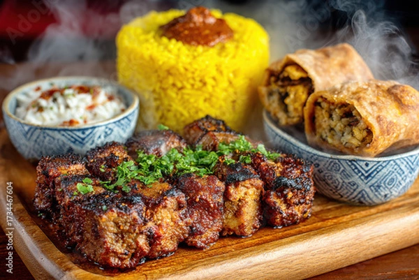 Fototapeta Culinary Delight: An appetizing array of culinary creations, featuring grilled meat, flavorful yellow rice, crispy wraps, and a delightful dipping sauce, artfully arranged on a wooden platter.