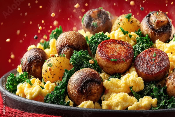 Fototapeta Mouthwatering Mushroom Medley: A culinary composition of sauteed mushrooms, scrambled eggs, and fresh kale presented on a rustic plate. A symphony of flavors and textures that will ignite your senses.