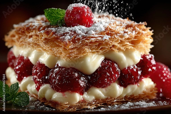 Fototapeta Exquisite Raspberry Pastry Delight: Indulge in the delightful layers of a culinary masterpiece, featuring delicate pastry, vibrant raspberries, and a sprinkle of powdered sugar.