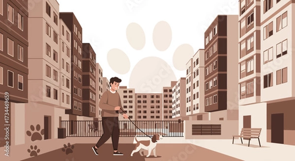 Fototapeta Vector illustration of a man walking his dog in the city, promoting pet ownership in urban