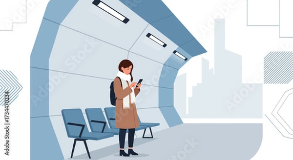 Fototapeta Woman using smartphone at modern bus station with city silhouette background