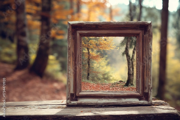 Obraz Vintage wooden frame standing outdoors with autumn forest view inside. Conceptual seasonal rustic still life.