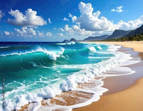 Fototapeta Coastal Serenity Azure Waves Crashing on Sandy Shoreline Beneath Sunny Skies and Fluffy Clouds with Distant Green Hills in Background
