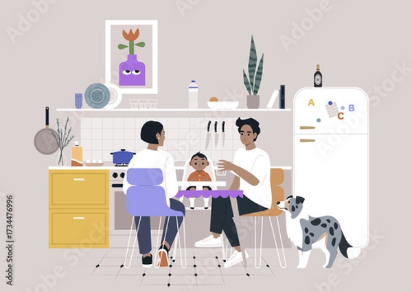 Fototapeta A family shares a delightful dinner in their cheerful kitchen, A child sits at the table, while parents chat and smile, with a dog nearby, adding warmth to the evening.