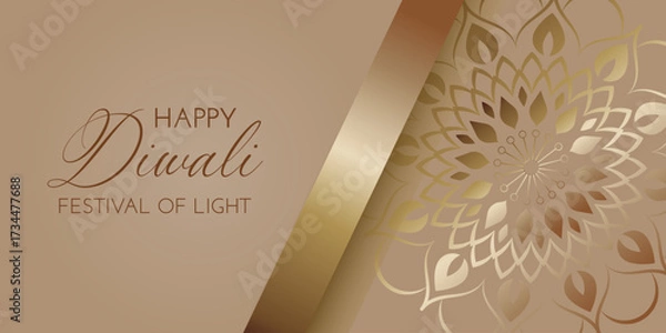 Fototapeta Diwali celebration card with golden mandala and golden ribbon  in flat style. Deepavali vector illustration for print and online projects