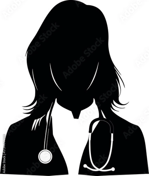 Obraz Black vector silhouette illustration of a doctor with a stethoscope, profile view of a woman's face and hair
