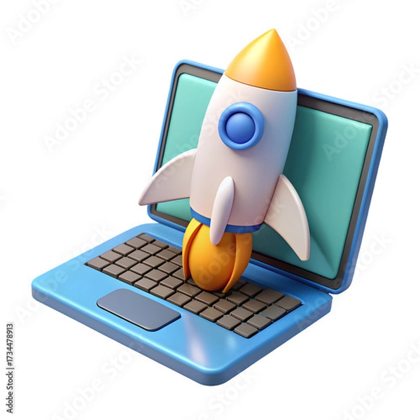 Fototapeta Cartoon rocket launching from a laptop screen symbolizing startup and innovation