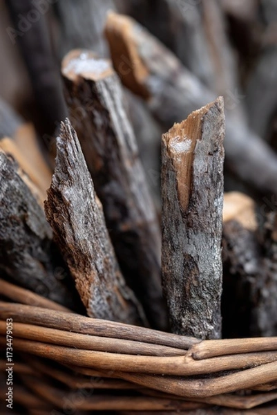 Fototapeta Firewood stacked in woven basket, sharp textures of bark and splinters, pale dusting of snow