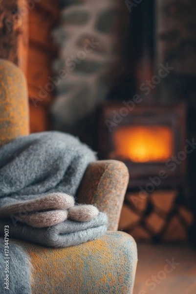 Fototapeta Thick wool blanket on rustic armchair, cozy atmosphere with glowing bio fireplace in background