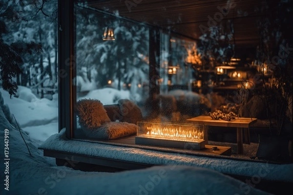 Fototapeta Frosted window view into glowing house interior with bioethanol fireplace, wooden walls, soft textiles