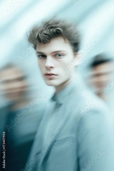 Fototapeta Young man standing still in center of rushing business crowd, facing forward with calm focus