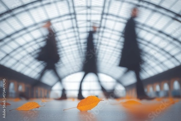 Fototapeta Silhouetted professionals walking through large transit hub, motion blur, fallen leaves scattered
