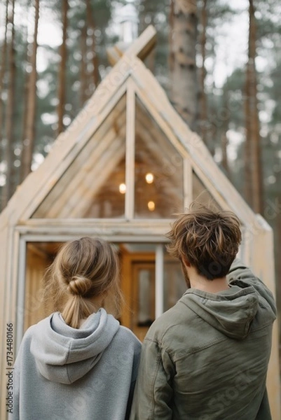 Fototapeta Couple gazing at contemporary cabin surrounded by trees in forest, from behind, autumn mood