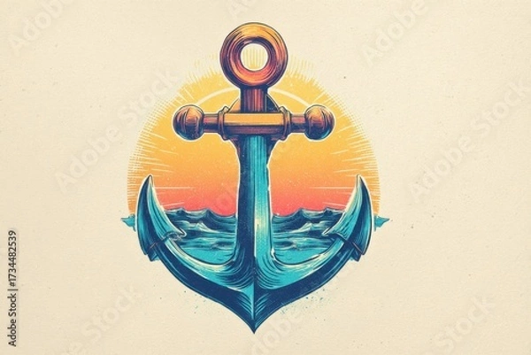 Obraz Nautical anchor design ocean sunset graphic art vibrant colors artistic perspective maritime concept