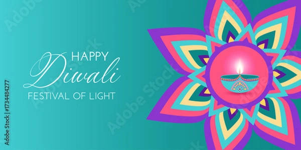 Fototapeta Diwali celebration card with rangoli and lamp diya with fire in flat style. Deepavali vector illustration for banners, social media