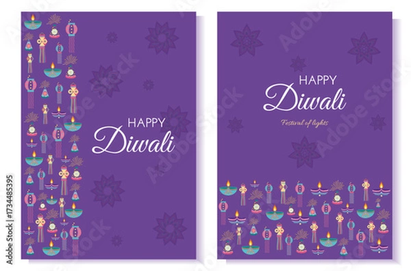 Fototapeta Set of Diwali celebration cards with rangoli, lanterns and lamps diyas in flat style. Deepavali vector illustration for print and online projects